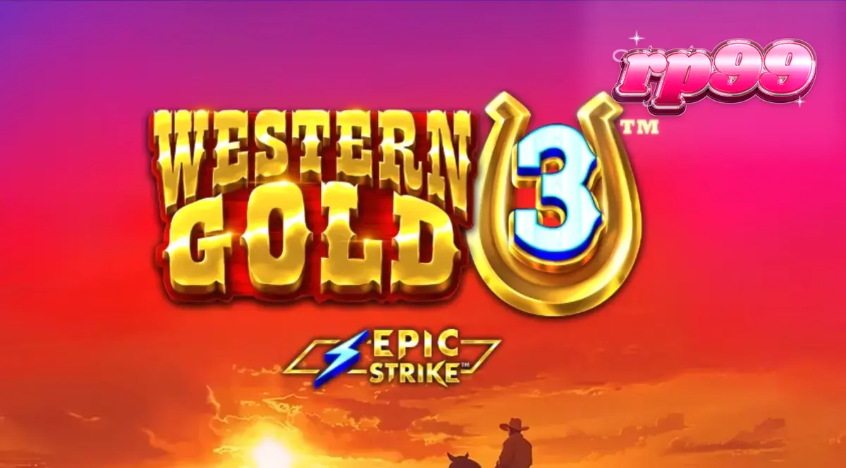 Tampilan visual slot Western Gold 3 dengan latar belakang padang pasir dan simbol koboi.